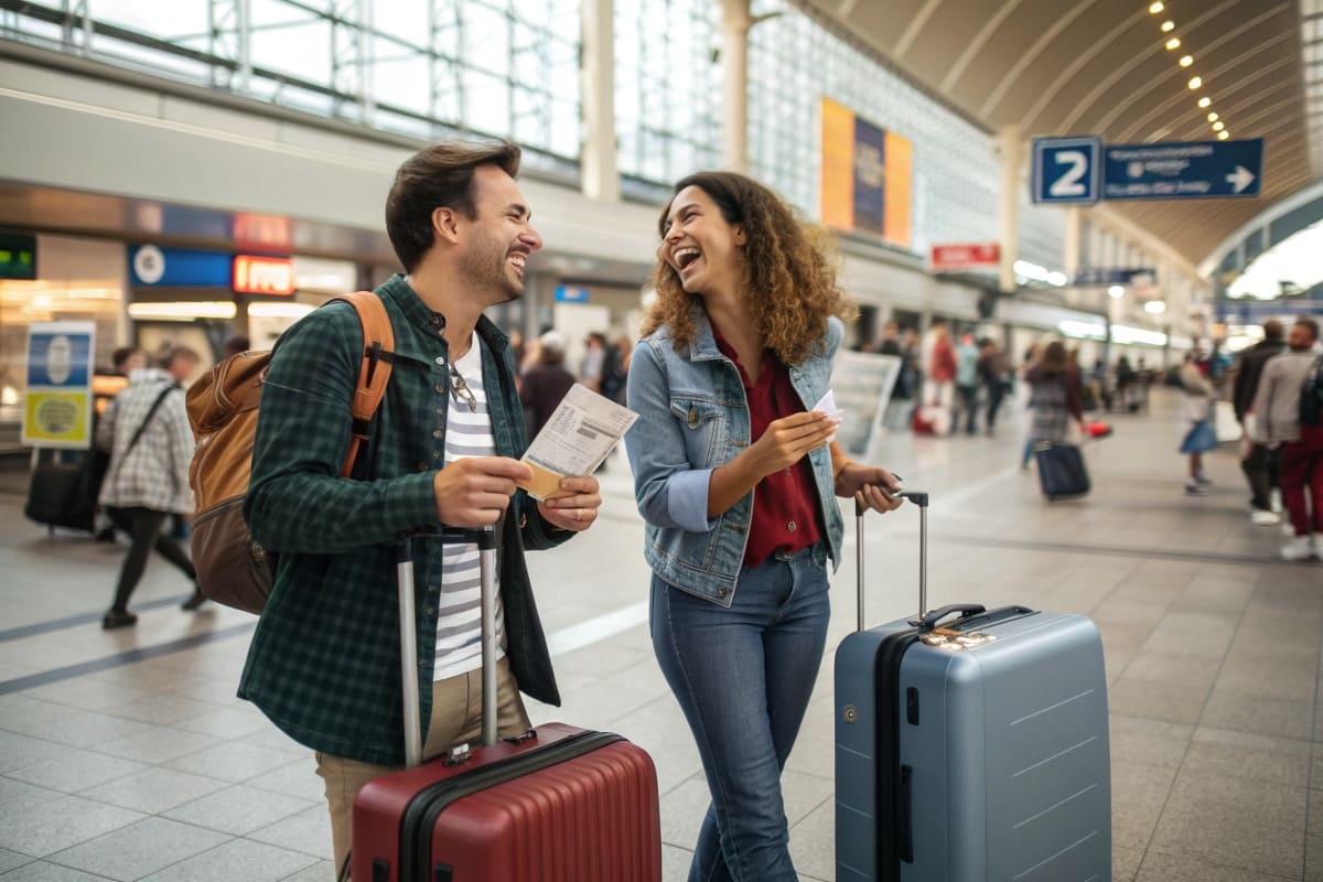 Фото счастливых туристов с билетами и чемоданами