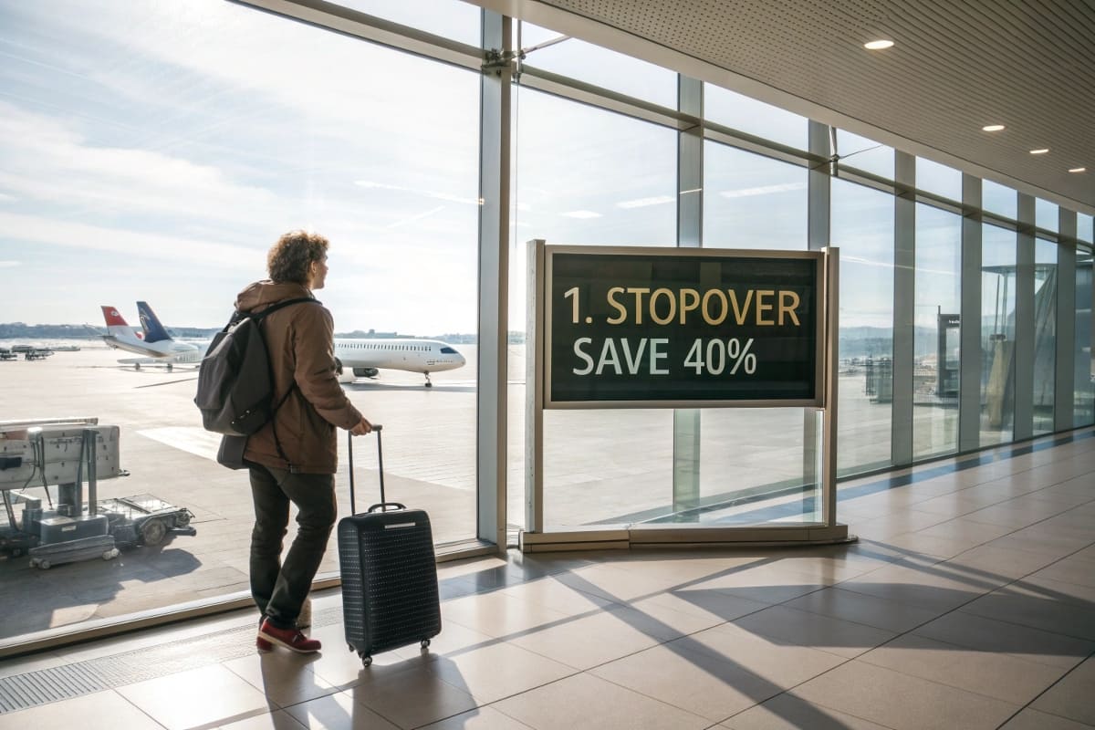 Пассажир с чемоданом в аэропорту с надписью «Экономия 40%» на экране вылета